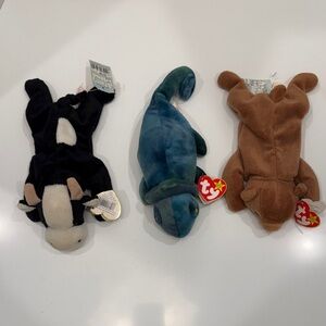 Ty Beanie Babies Trio - Black and White Cow, Blue Chameleon, Brown Bear